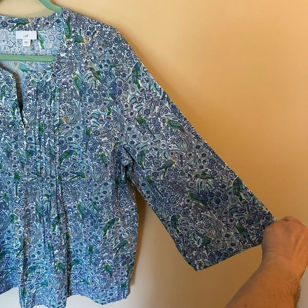 J. Jill Blue Tropical Birds & Botanical Print Woven Linen Blend Top Size Large